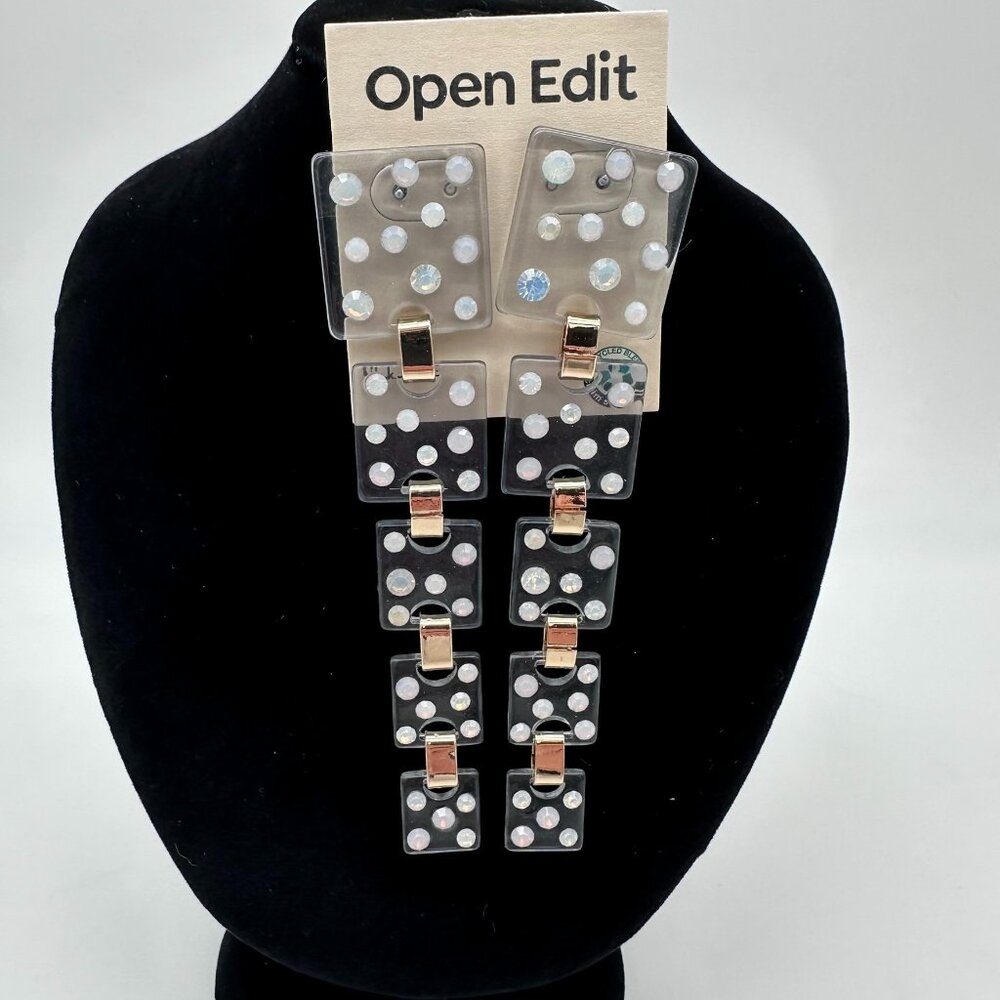 Open Edit Tiered Resin Sparkle Linear Graduated‎ Drop Earrings, White/Light Blue